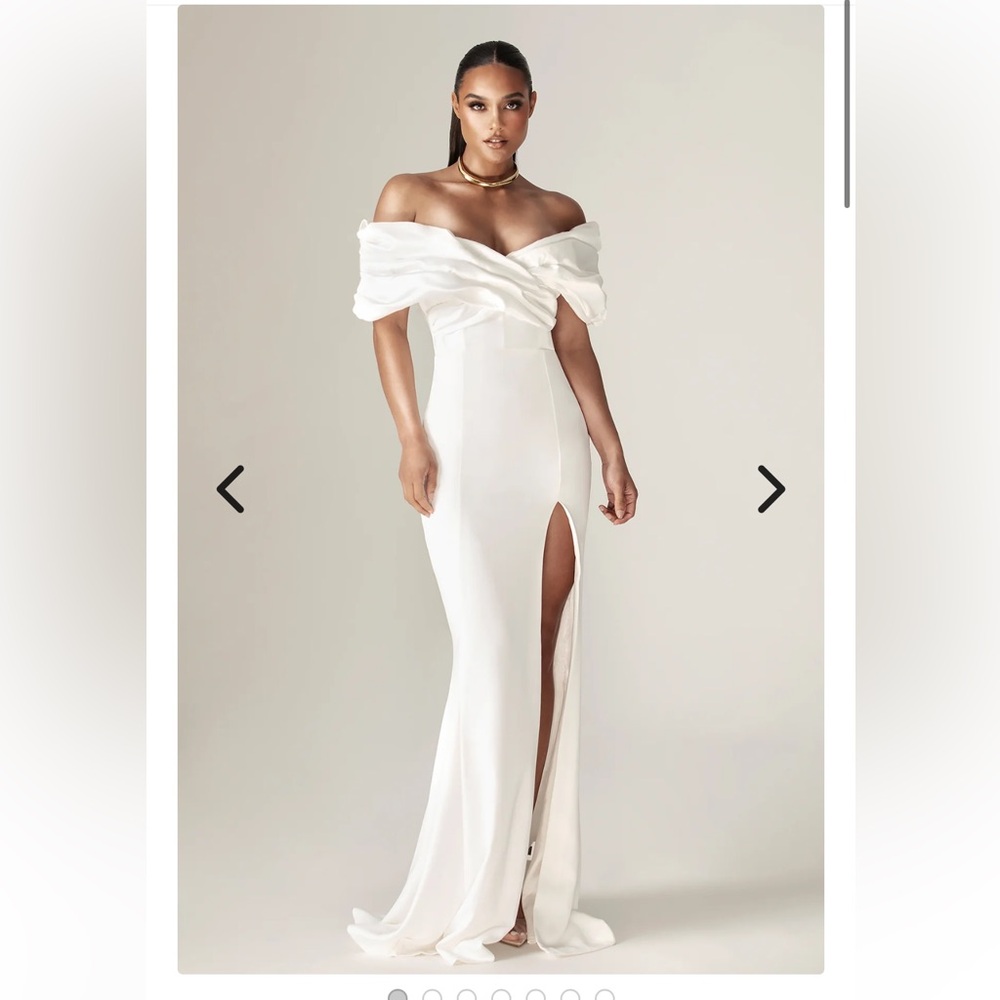 alieva Presley Off-Shoulder Ruffle White Dress in off white , with front slit.